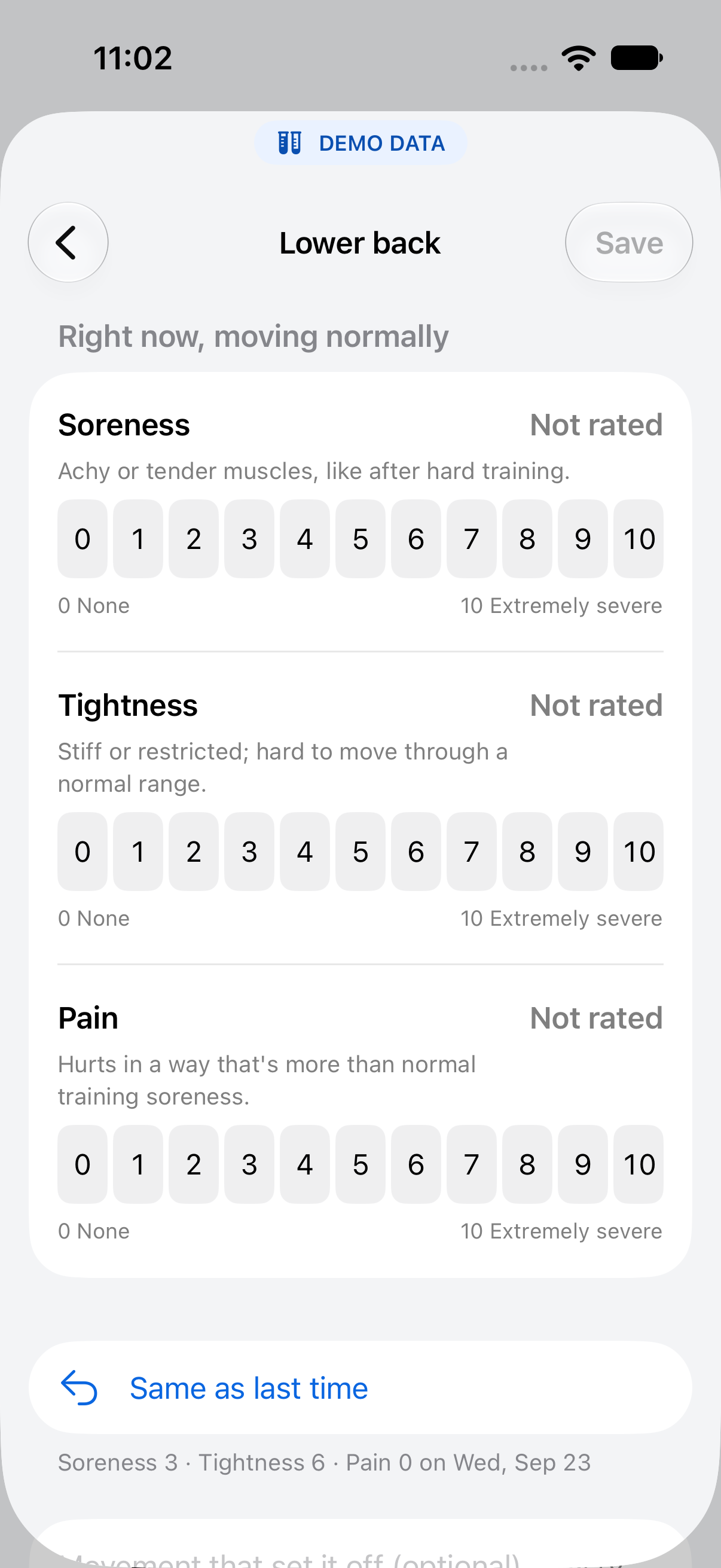 Demo check-in form with separate soreness, tightness, and pain scales for one body region.