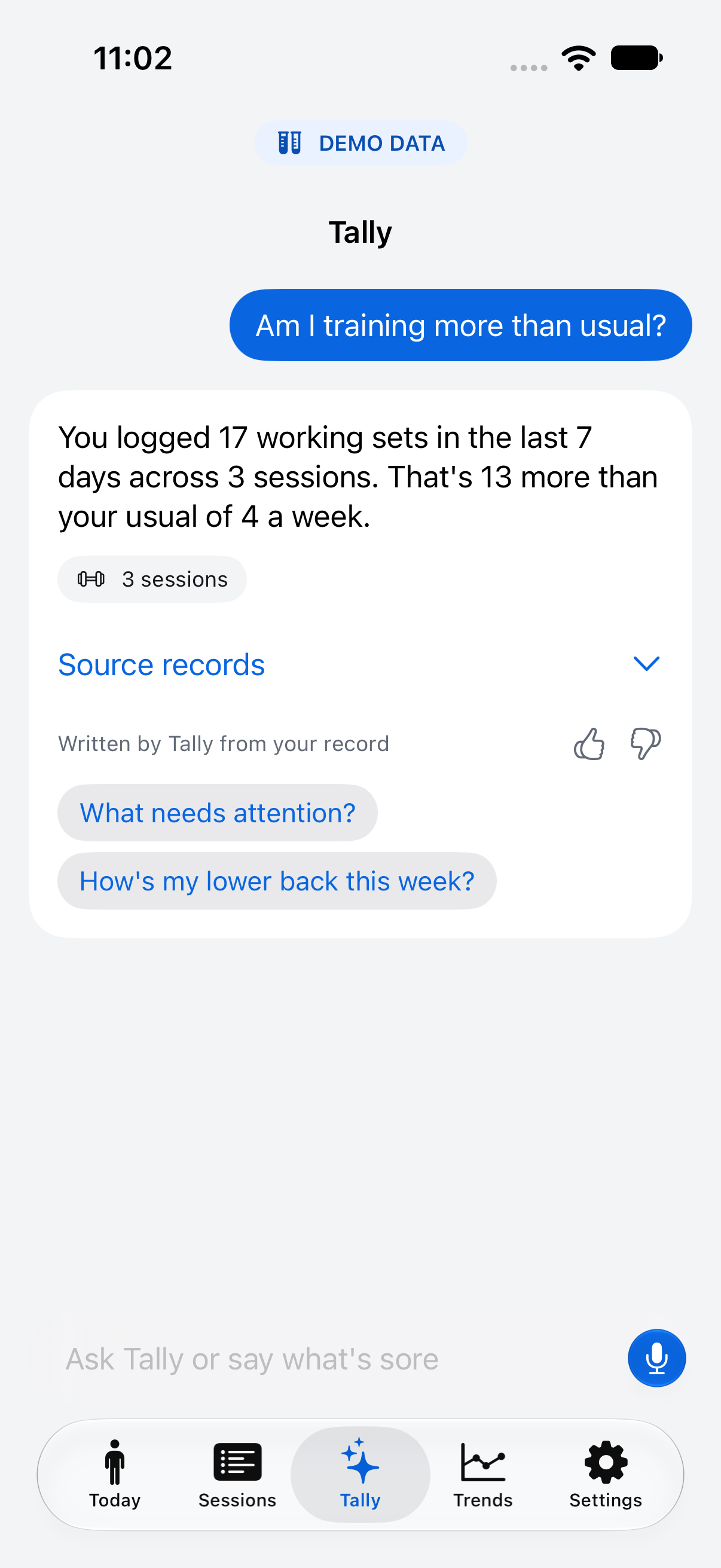 Demo Tally answer about 17 working sets, with a link to the source sessions behind the answer.